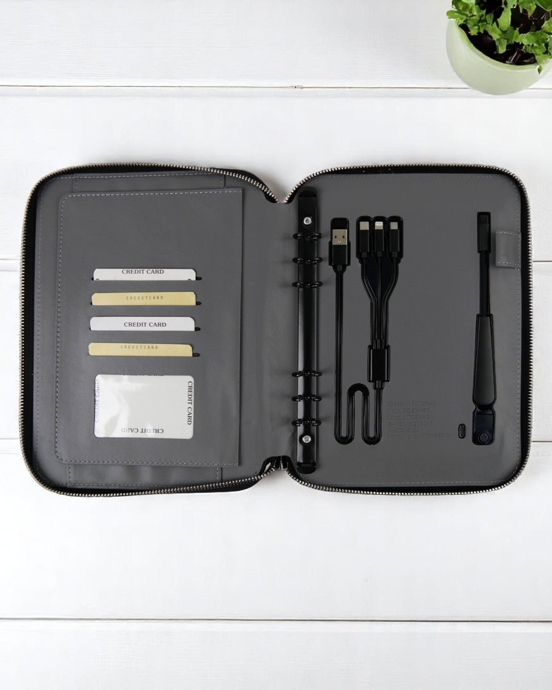 Smart Zip Leather Powerbank Diary with Wireless Charging and Built-in Table Lamp | 8000mAh Multi-Utility Organizer