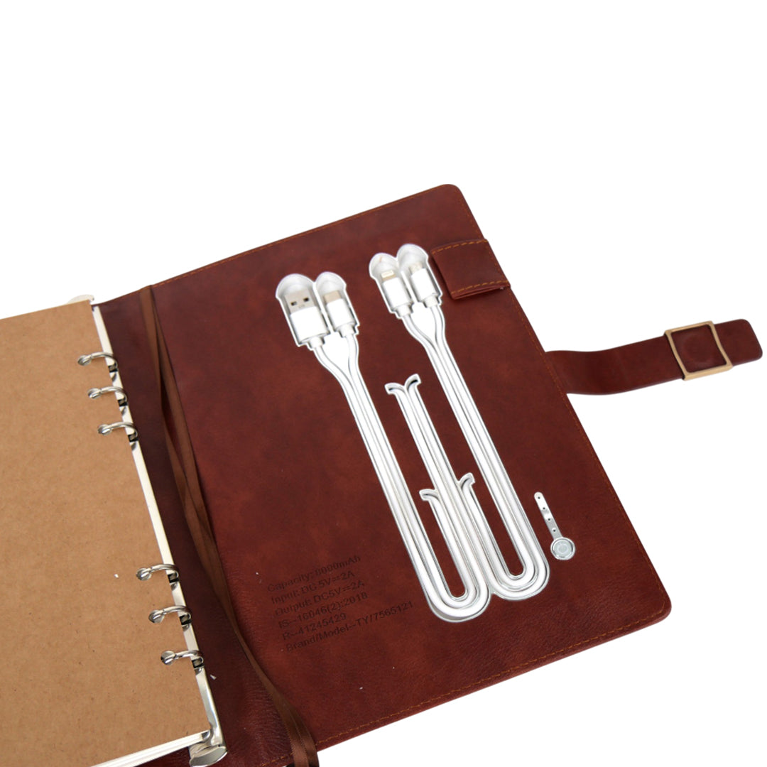 Smart Leather Powerbank Diary Organizer – 8000mAh | Multipurpose Corporate Gift with Charging Cable, Card Slots & Pen Loop