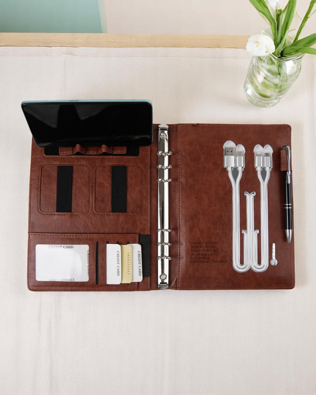 Smart Leather Powerbank Diary with Wireless Charging and Mobile Stand | 8000mAh Organizer for Corporate Gifting