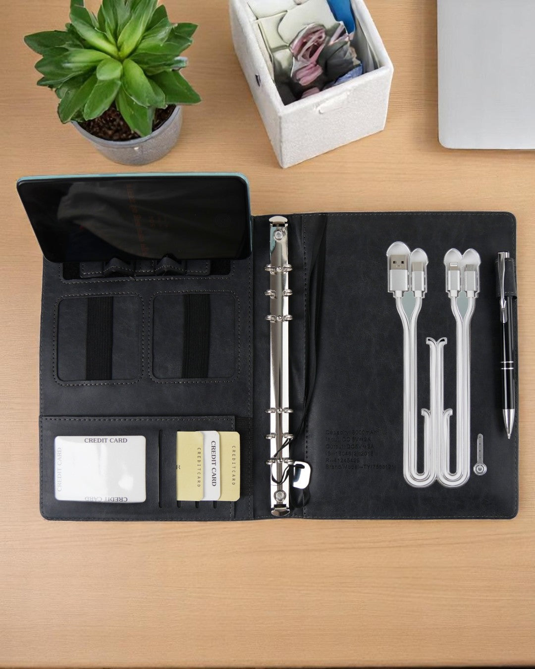 Smart Leather Powerbank Diary with Wireless Charging and Mobile Stand | 8000mAh Organizer for Corporate Gifting