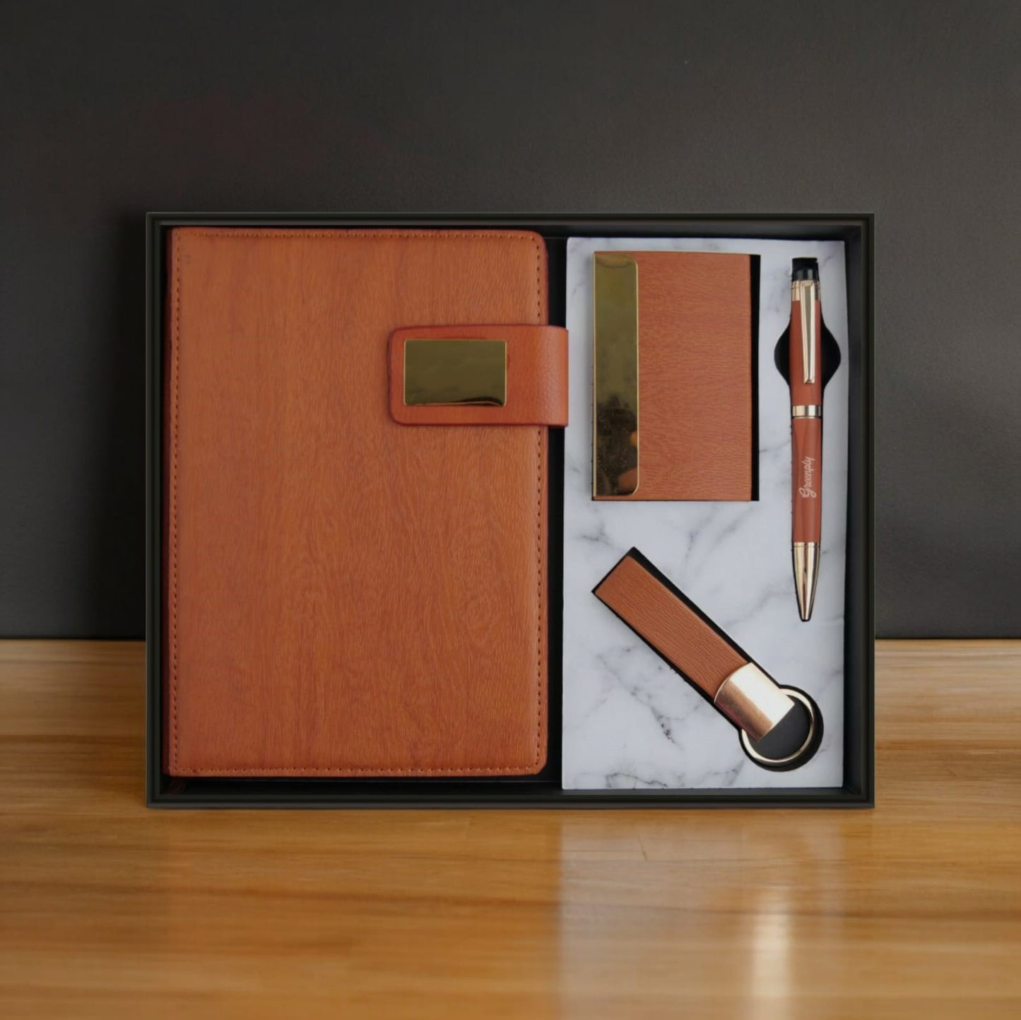 Notebook pen keychain cardholder combo wooden texture