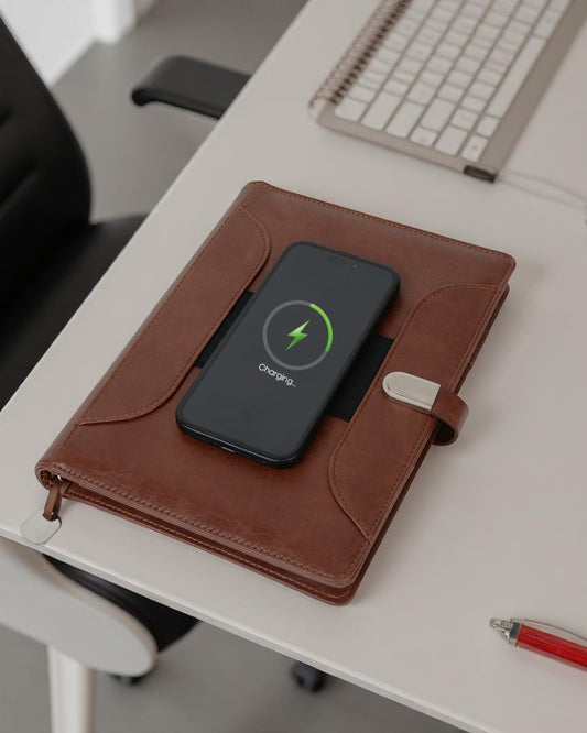 Smart Leather Powerbank Diary with Wireless Charging and Mobile Stand | 8000mAh Organizer for Corporate Gifting
