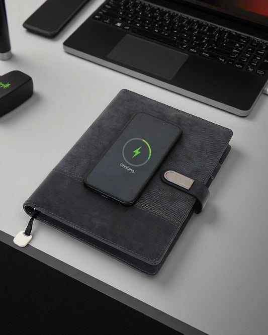 Smart Leather Powerbank Diary with Wireless Charging and Mobile Stand | 8000mAh Organizer for Corporate Gifting