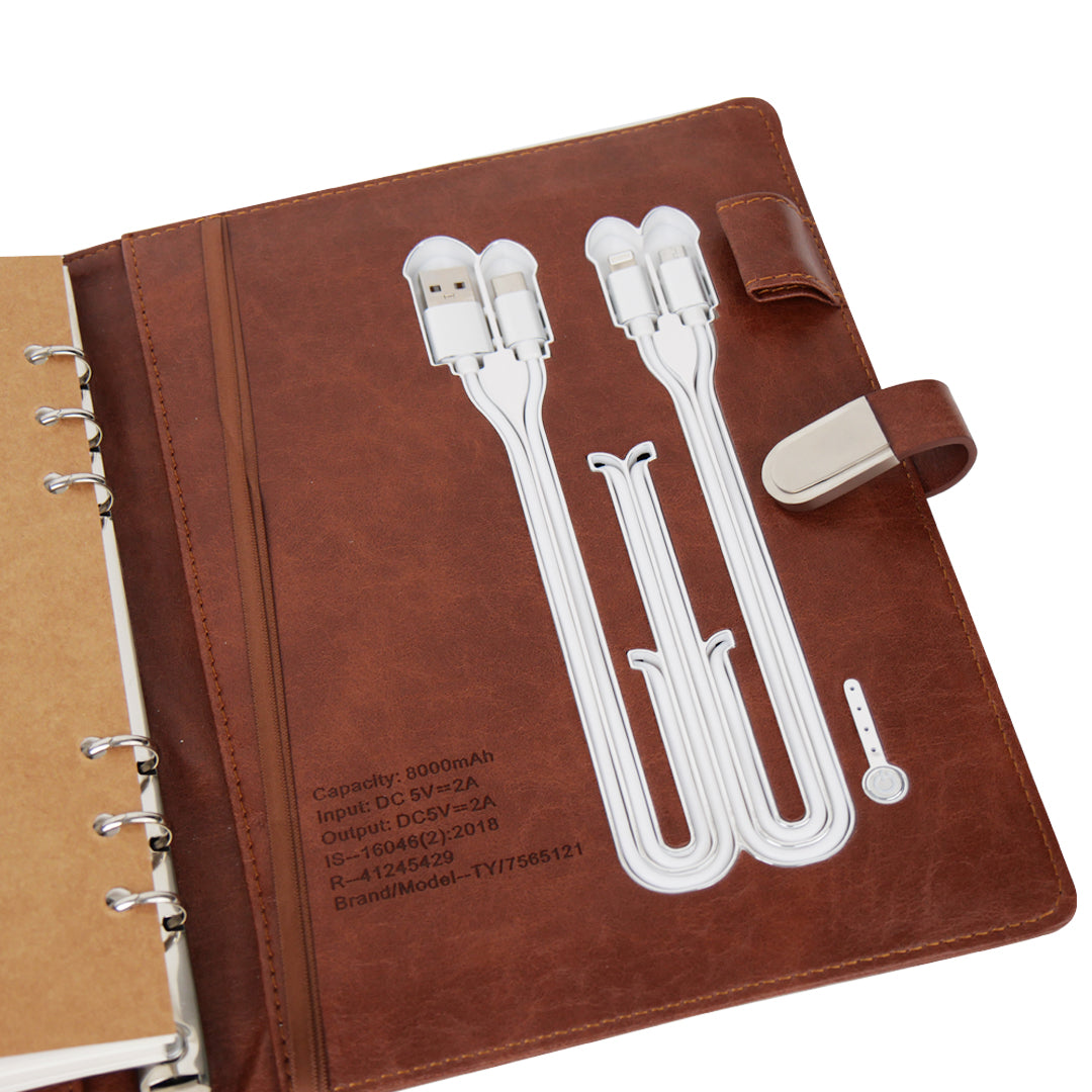 Smart Leather Powerbank Diary with Wireless Charging and Mobile Stand | 8000mAh Organizer for Corporate Gifting